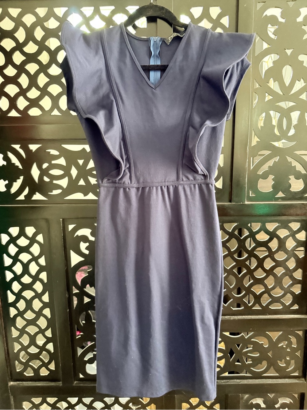 Brigitte Brianna Paris Navy V-Neck Midi Dress with Structured Shoulders
